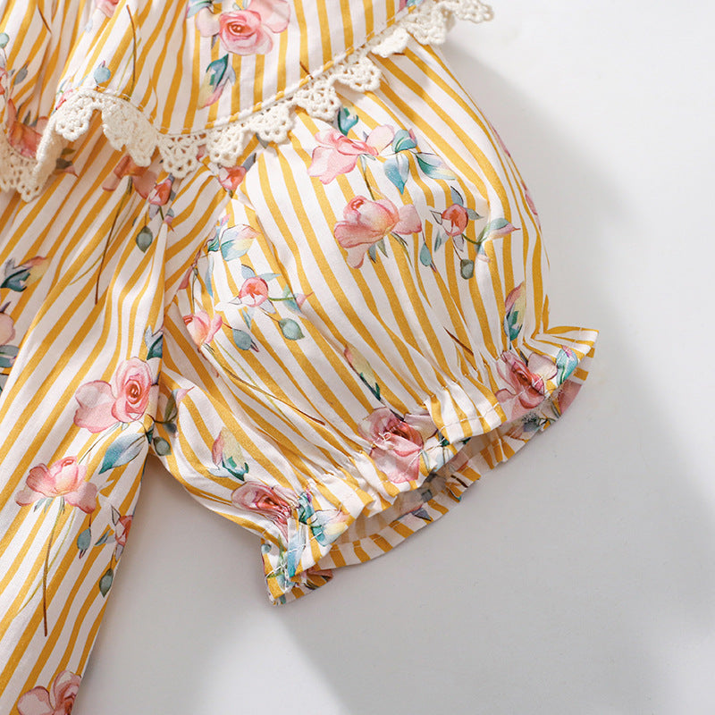 Summer Arrival Flowers and Stripe Pattern Short Sleeves Dress for Stylish Girls
