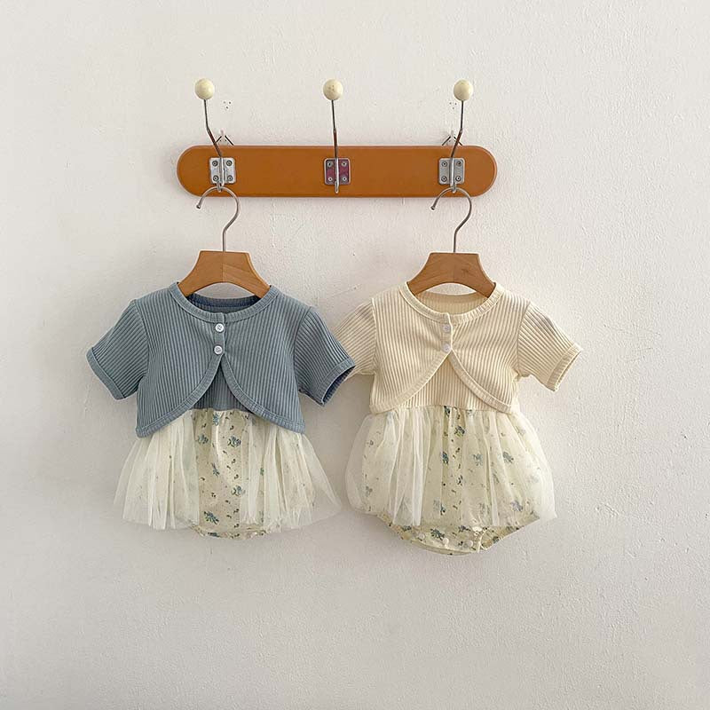 Arrival Summer Baby Kids Girls Solid Color Short Sleeves Cardigan And Sleeveless Strap Tulle Onesies – Sister Matching Set