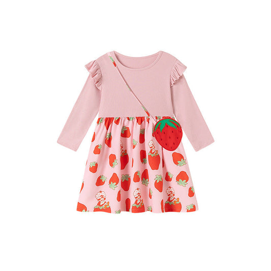 Autumn Arrival Baby Kids Girls Cute Strawberry Pattern Long Sleeves Crew Neck Dress