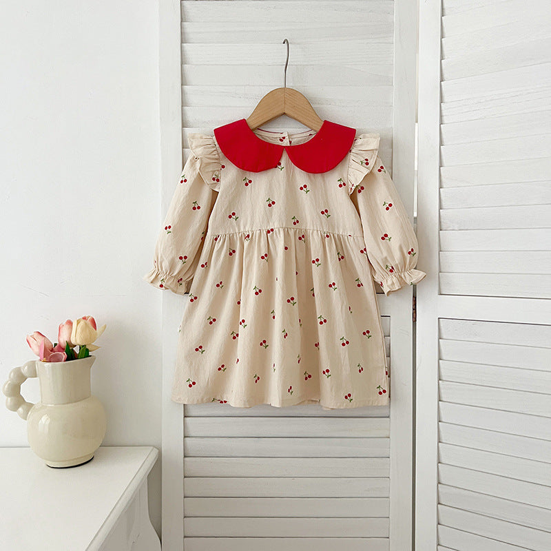 Arrival Autumn Baby Kids Girls Long Sleeves Cherry Pattern Peter Pan Collar Onesies and Dress – Princess Sister Matching Set