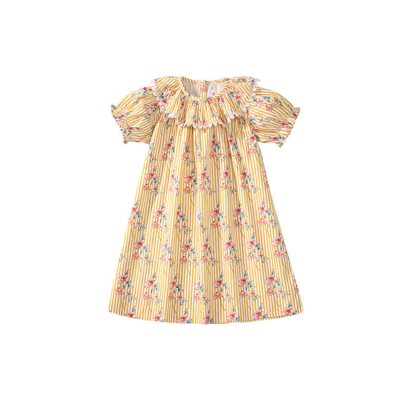 Summer Arrival Flowers and Stripe Pattern Short Sleeves Dress for Stylish Girls
