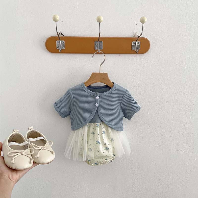 Arrival Summer Baby Kids Girls Solid Color Short Sleeves Cardigan And Sleeveless Strap Tulle Onesies – Sister Matching Set