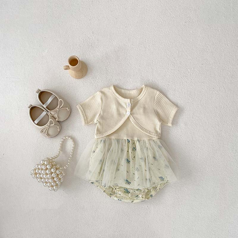 Arrival Summer Baby Kids Girls Solid Color Short Sleeves Cardigan And Sleeveless Strap Tulle Onesies – Sister Matching Set