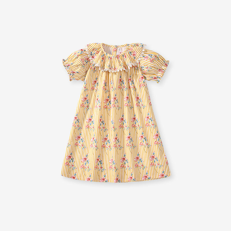 Summer Arrival Flowers and Stripe Pattern Short Sleeves Dress for Stylish Girls