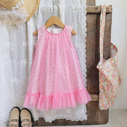 Design Summer Kids Girls Cute Floral Print Sleeveless Mesh Dress-0