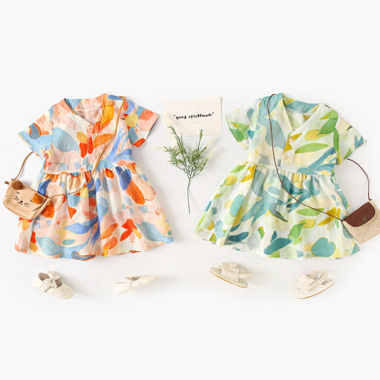 Summer Arrival Baby Girls Casual Leaves Print Short Sleeves V Neck Dress