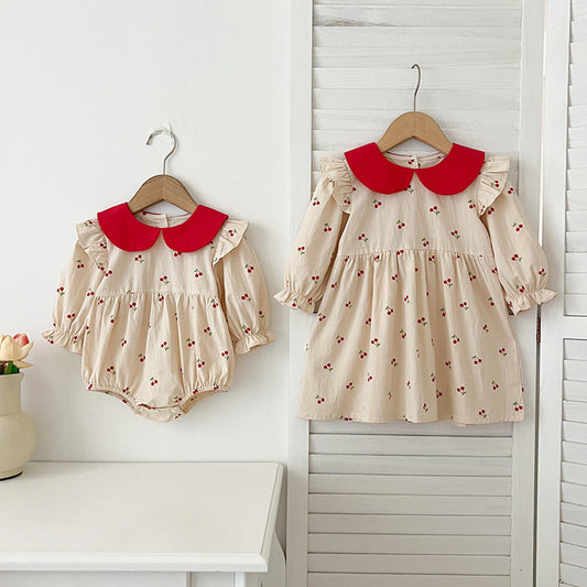 Arrival Autumn Baby Kids Girls Long Sleeves Cherry Pattern Peter Pan Collar Onesies and Dress – Princess Sister Matching Set