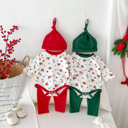Autumn Arrival Baby Unisex Long Sleeves Christmas Cartoon Onesies with Hat and Plain Pants