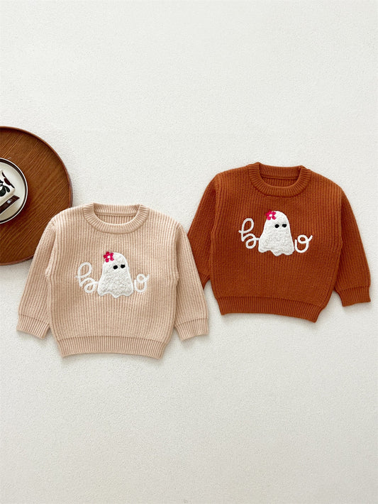 Autumn Arrival Baby Kids Unisex Comfortable Halloween Ghost Pattern Knitted Long Sleeves Pullover