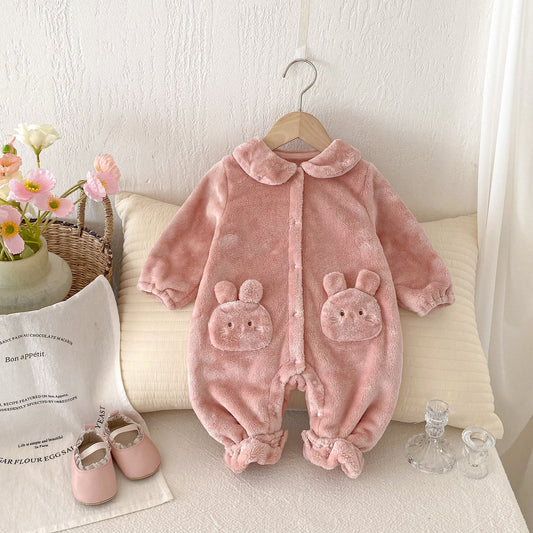 Winter Arrival Baby Girls Cute Rabbits Pattern Warm Double-sided Fleece Rompers