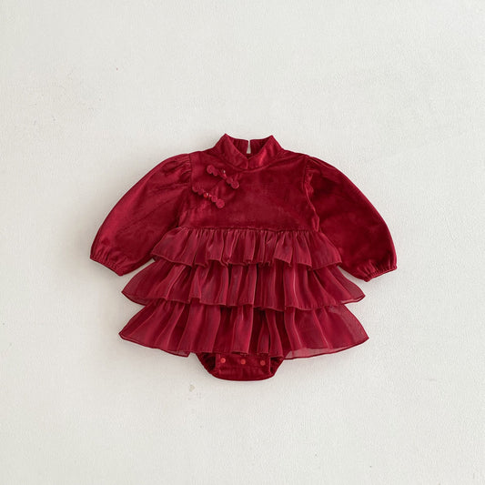 Autumn Arrival Baby Girls Long Sleeves Butterfly-bow Decorated Red Ruffle Onesies