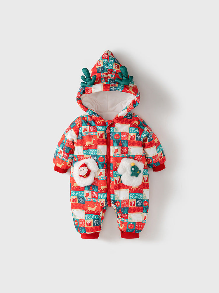 Winter Baby Christmas Red Plaid Patchwork Cartoon Thick Romper With Hood