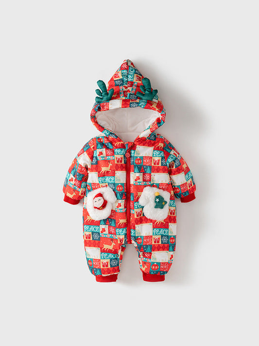 Winter Baby Christmas Red Plaid Patchwork Cartoon Thick Romper With Hood