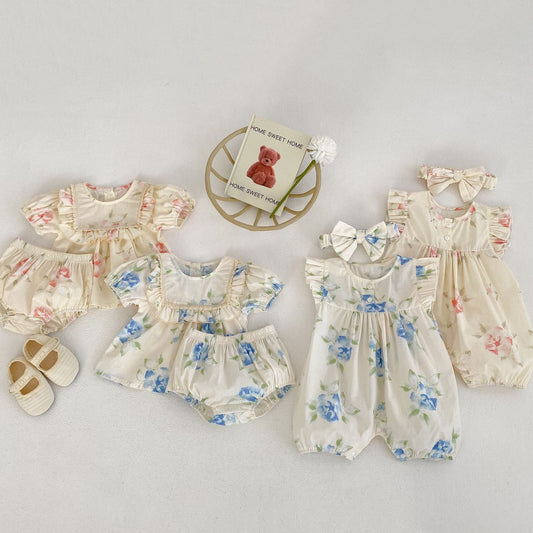 Baby Girl Flower Graphic Short Sleeve Summer Romper & Sets-0
