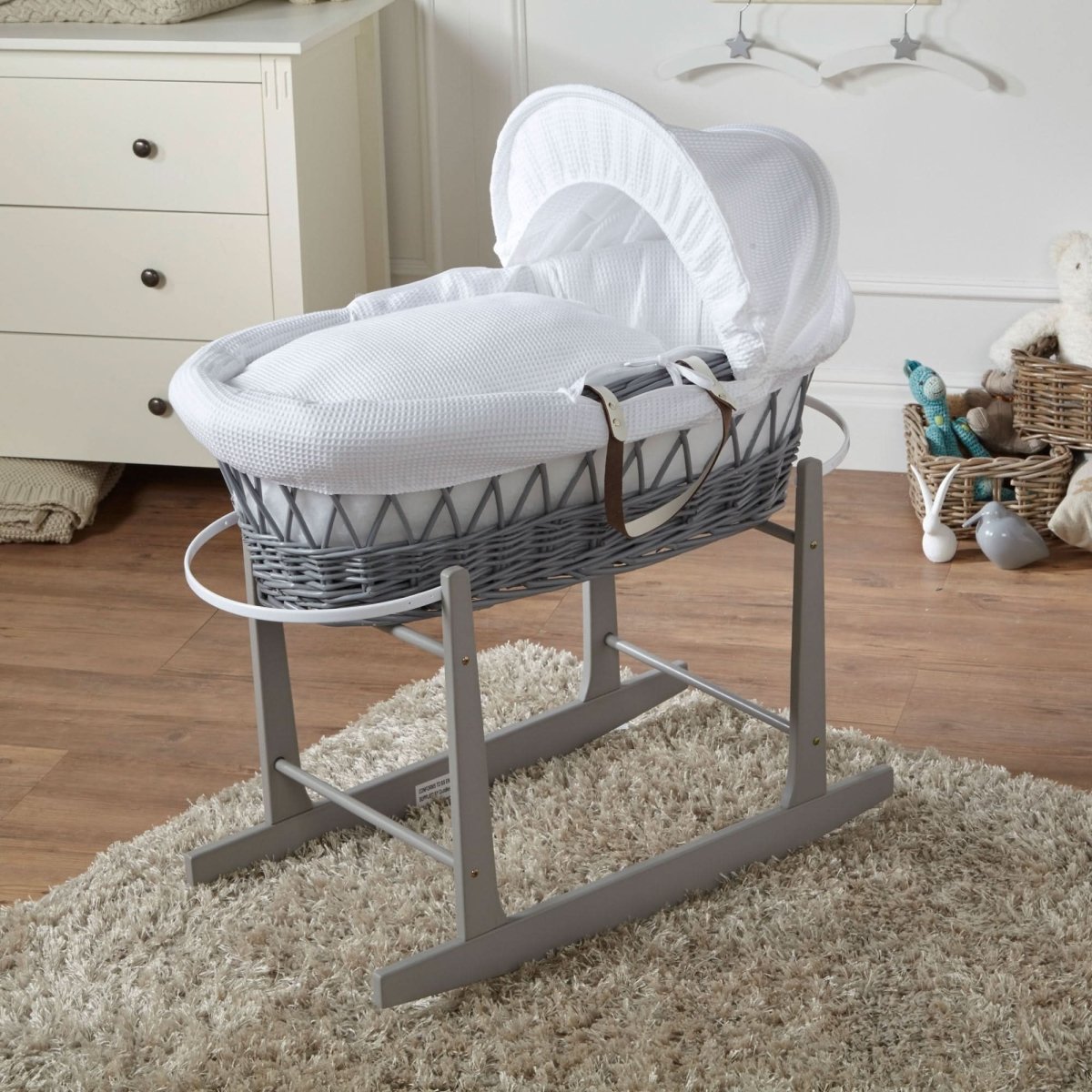 White Waffle Grey Wicker Baby Moses Basket With Stand-0